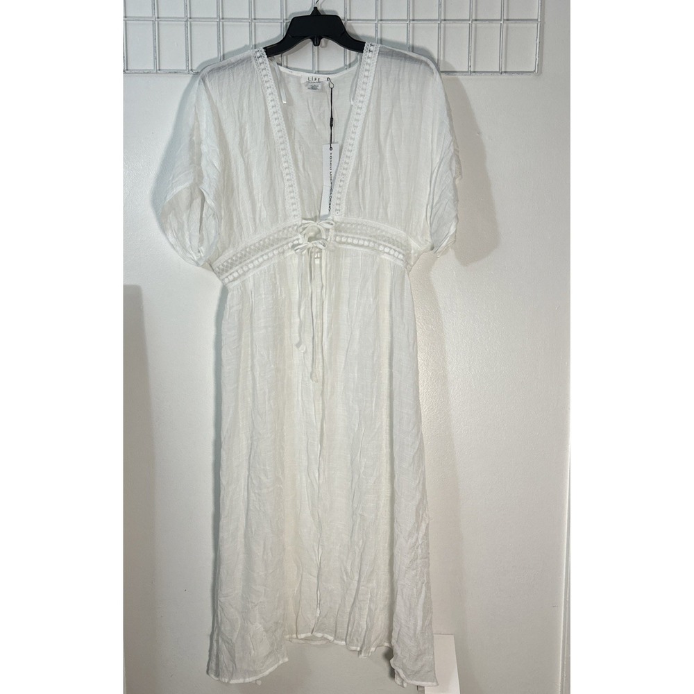 LIFE Women XL White Sheer Gauzy Front Tie‎ Beach Cover up Flowy Mesh 6380